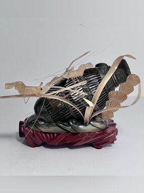 Vintage CHINESE Carved WATER BUFFALO Horn 1960s SHRIMP BASKET / Hardwood Stand